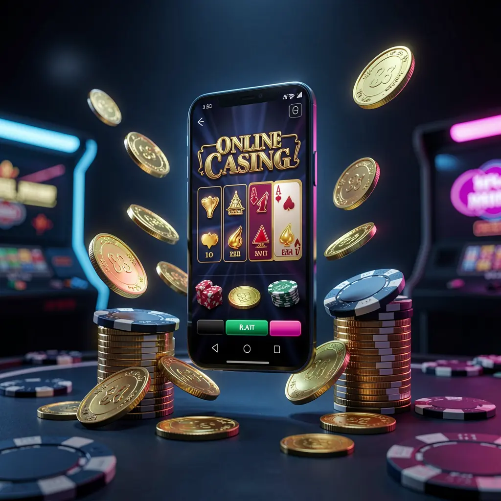 1PPP online casino app promotion banner showing a phone floating above golden coins and poker chips with a dark blue and black background and cinematic neon glow in a realistic 3D render