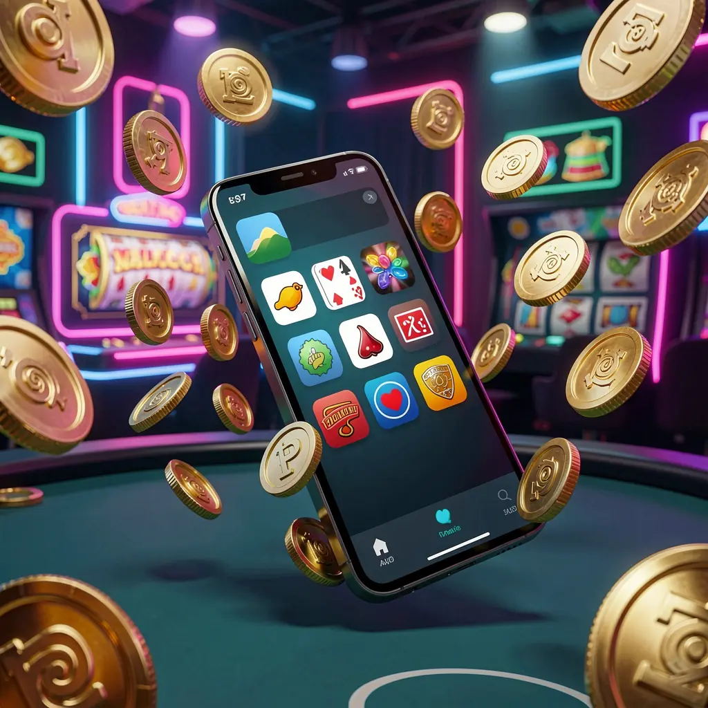 Realistic 3D render of a modern phone displaying the 1PPP Android casino app with floating golden coins and slot symbols in a neon casino atmosphere