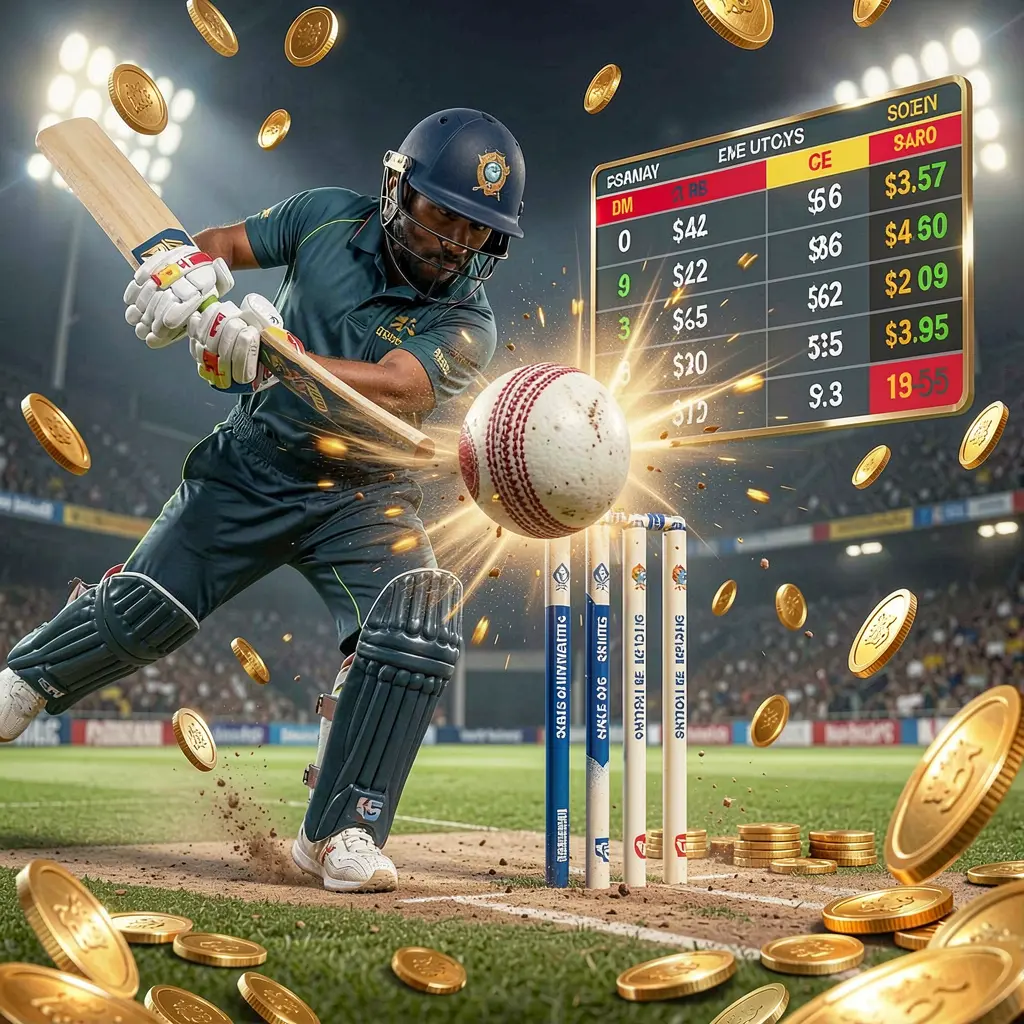 1PPP cricket match betting banner showing a cricket ball hitting the wickets with dynamic motion, stadium lights in the background, floating odds interface and coins creating a premium sports atmosphere 1PPP cricket match betting banner showing a cricket ball hitting the wickets with dynamic motion, stadium lights in the background, floating odds interface and coins creating a premium sports atmosphere
