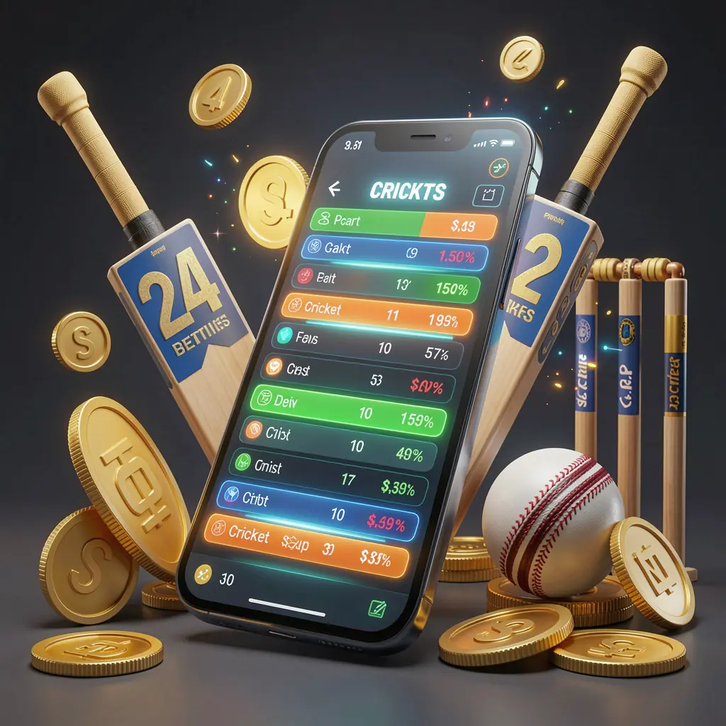 1PPP modern cricket betting visual with smartphone displaying glowing cricket odds interface, cricket bat, ball, wickets, and golden coins in premium 3D illustration 1PPP modern cricket betting visual with smartphone displaying glowing cricket odds interface, cricket bat, ball, wickets, and golden coins in premium 3D illustration