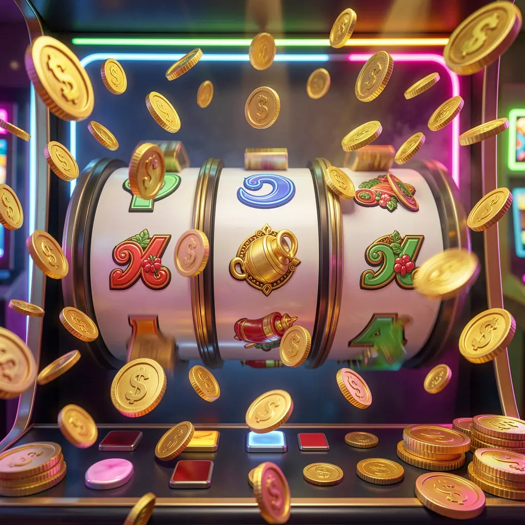 1PPP free spins casino bonus image featuring slot machine reels spinning with golden coins flying around and colorful neon lights creating an exciting jackpot atmosphere