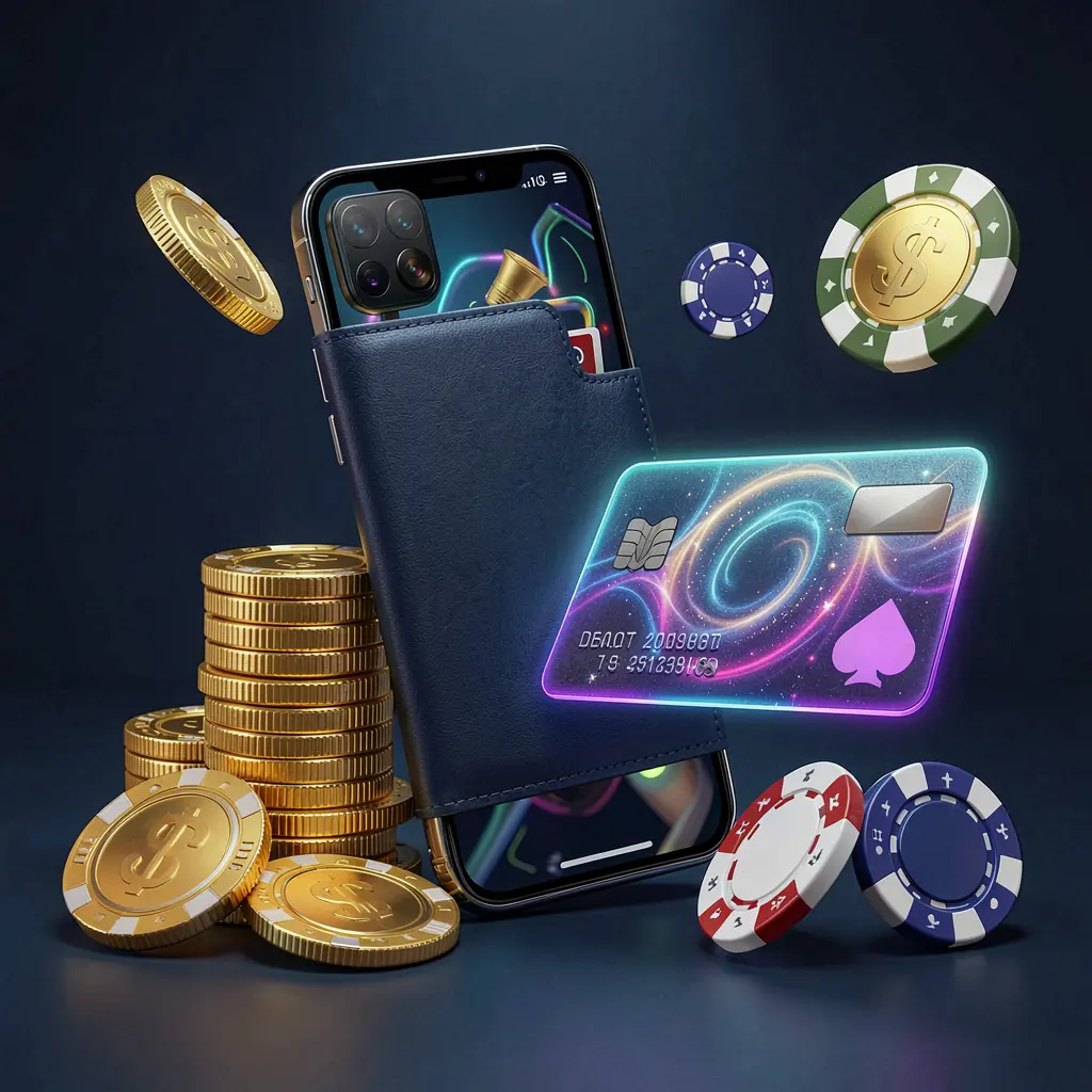 1PPP deposit bonus concept featuring a smartphone wallet with a glowing payment card, surrounded by golden coins and poker chips in a modern mobile casino style