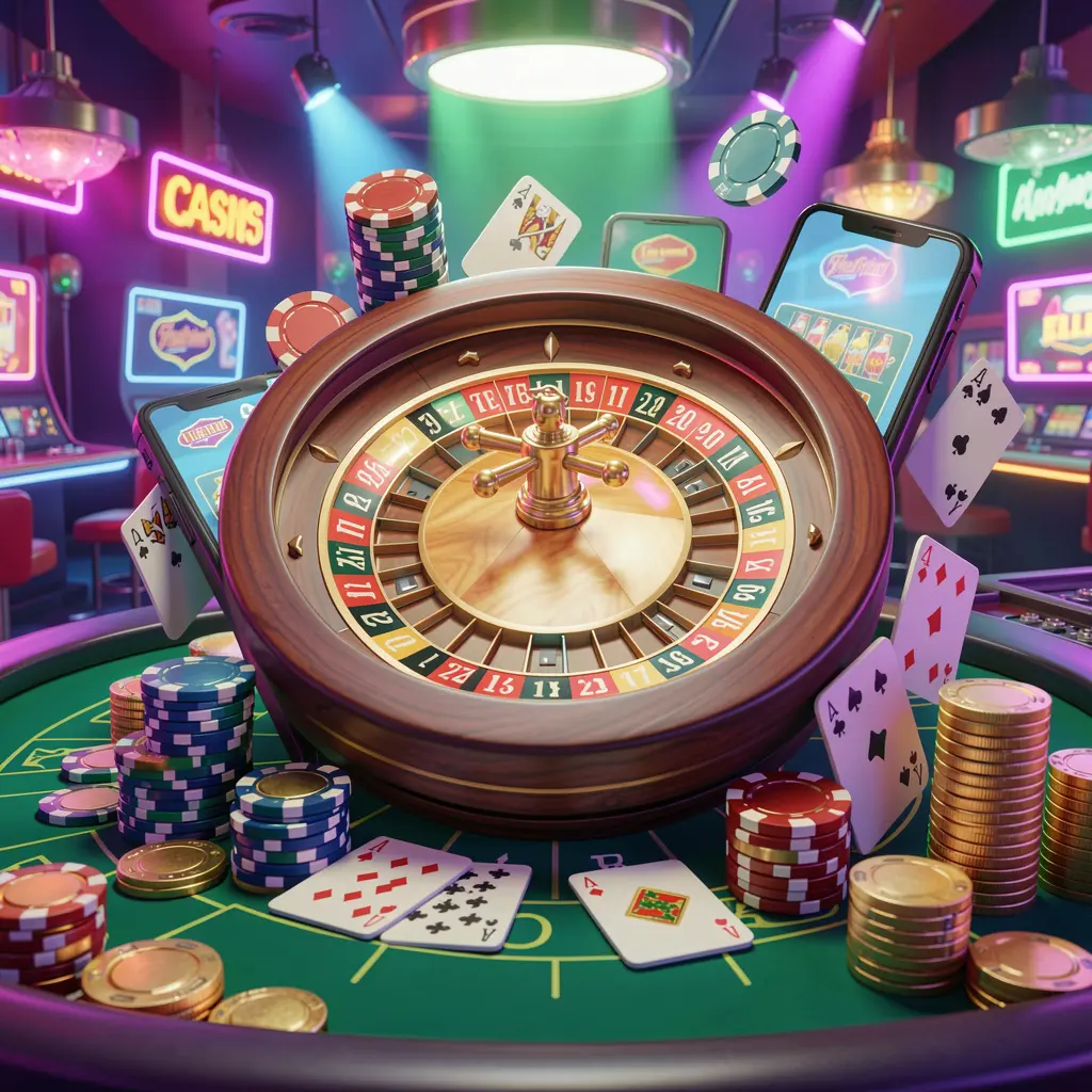 1PPP mobile casino experience showing a smartphone surrounded by a roulette wheel, poker chips, playing cards, and coins in a bright neon casino atmosphere