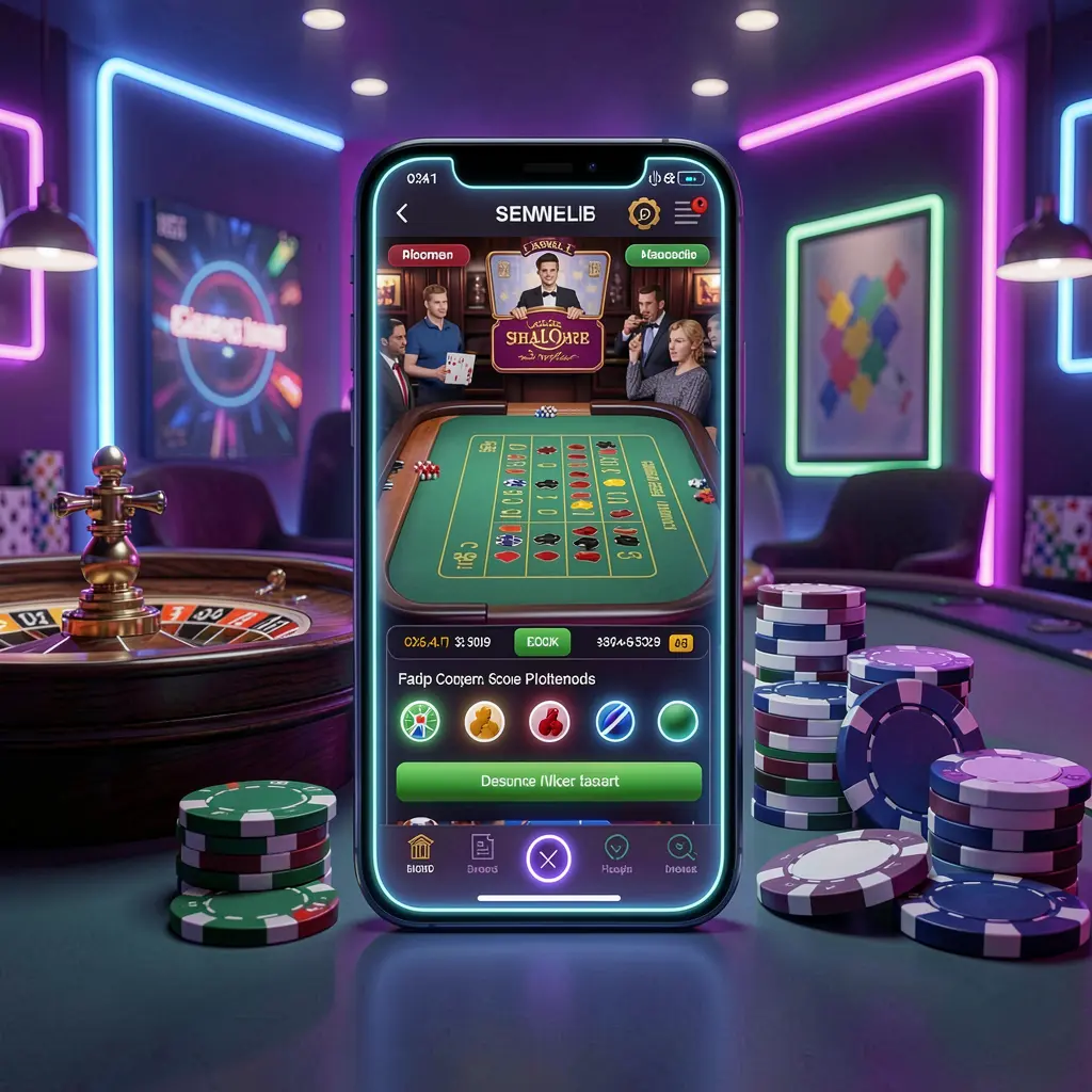 Smartphone displaying a glowing 1PPP online casino interface with a roulette wheel and poker chips around it on a premium neon background