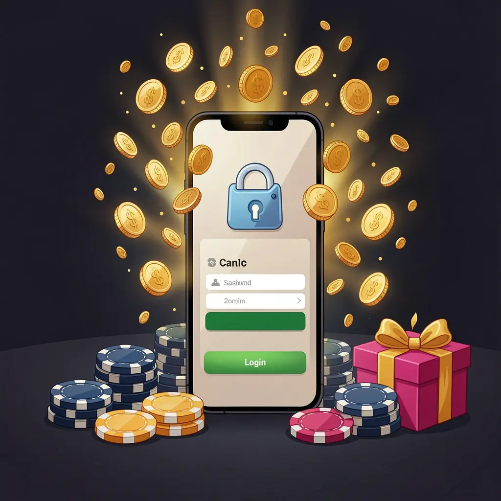 1PPP casino user login illustration showing a phone with a secure access icon, golden coins bursting from the screen, poker chips and a gift box nearby on a dark premium background