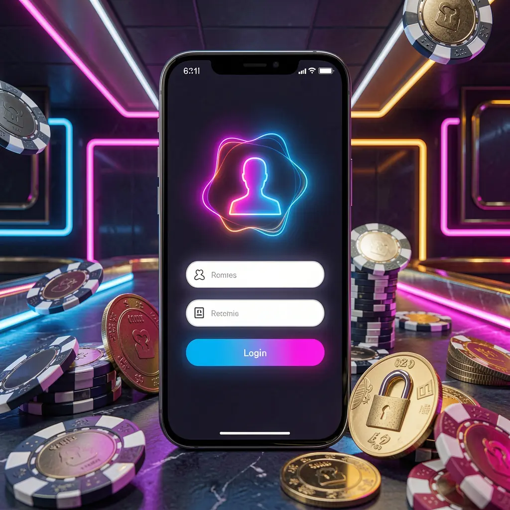 1PPP mobile gaming login page concept on a smartphone featuring an abstract login interface with user and lock icons, surrounded by casino chips and coins under luxury neon lighting