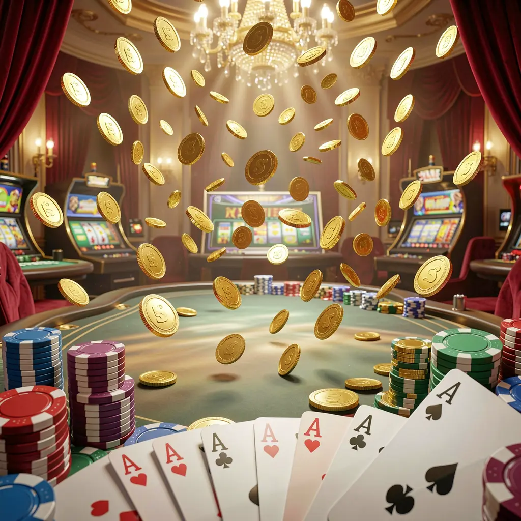 1PPP online gaming platform homepage banner featuring bright casino lights, golden coins raining, poker chips and playing cards in the foreground with a luxury red and gold atmosphere in a high detail 3D render